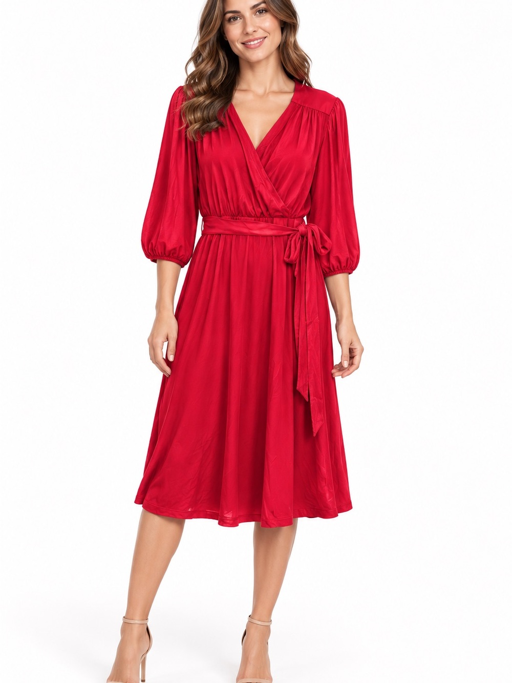 Draper James Red Wrap-Style Midi Dress with Tie Waist